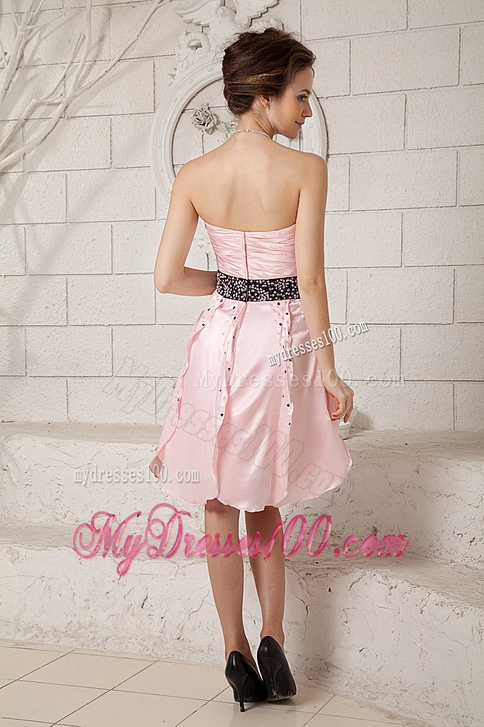 Ruched and Beaded Baby Pink Short Prom Dress with Black Belt and Petal-like Hemline