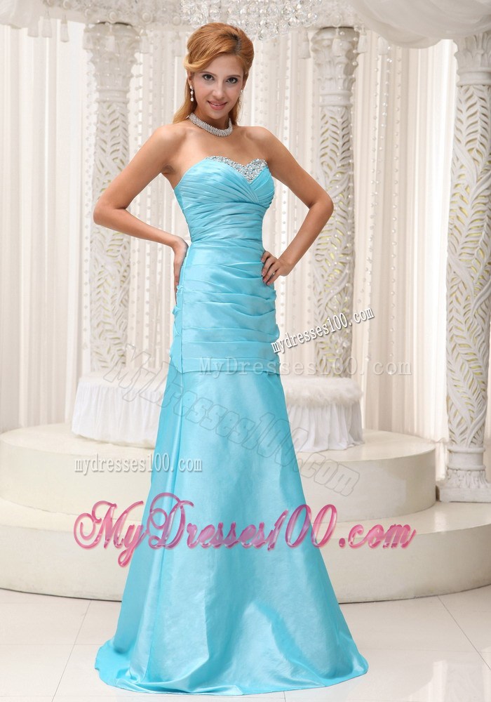 Aqua Blue A-line Gowns for Prom Floor-length with Beading and Ruches Lace-up
