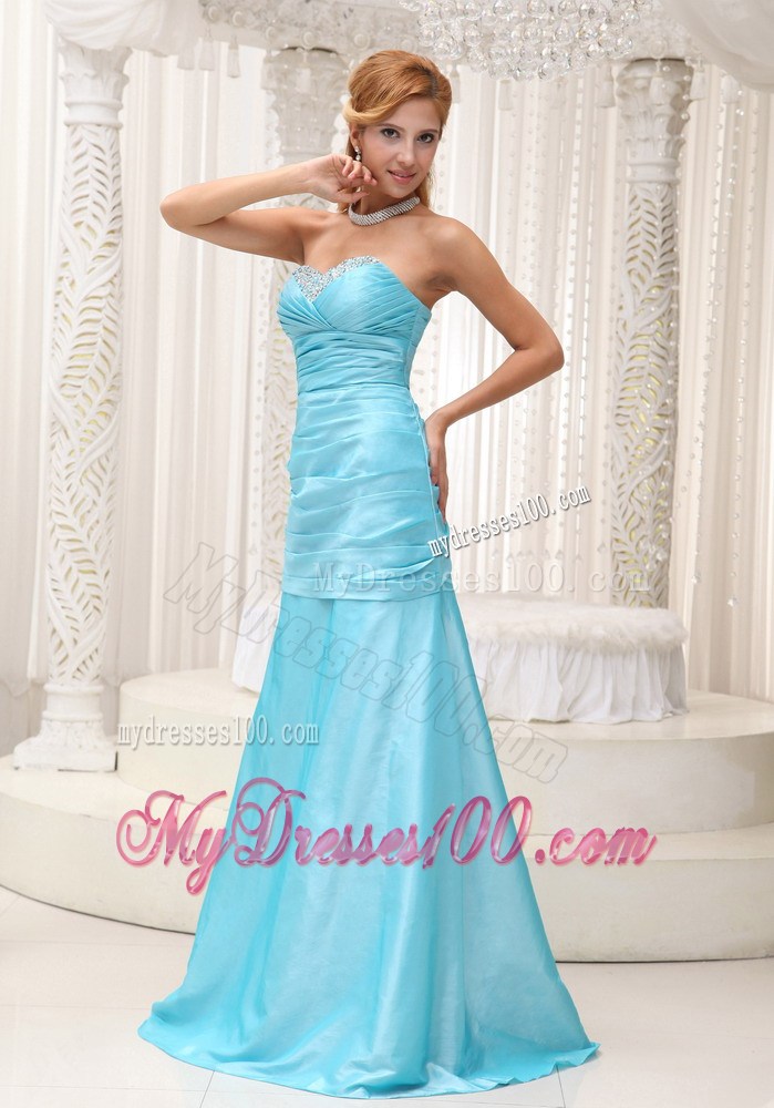 Aqua Blue A-line Gowns for Prom Floor-length with Beading and Ruches Lace-up