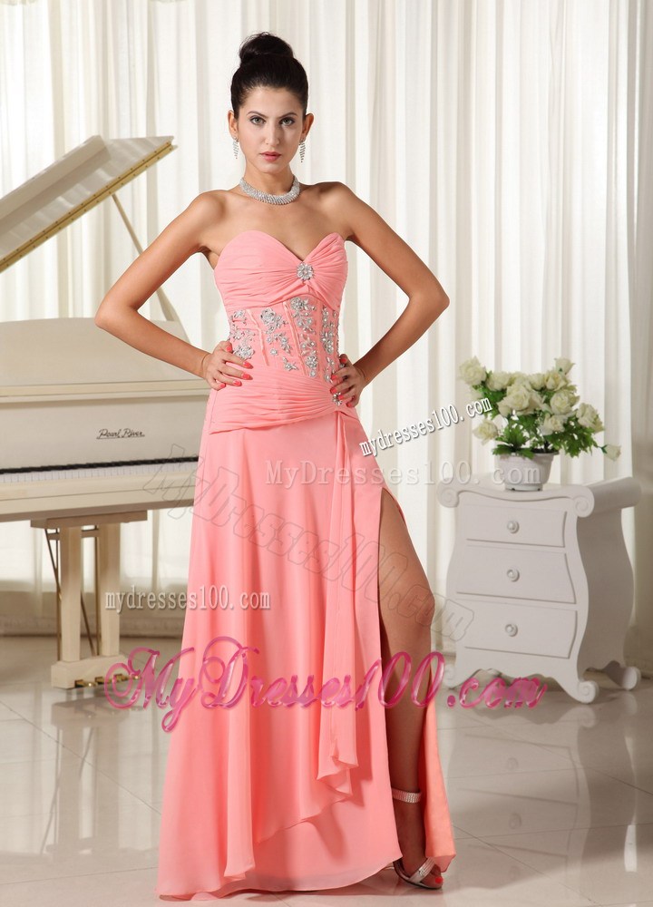 Beaded and Ruched Bodice Sweetheart Watermelon Pink Prom Gown of Floor-length