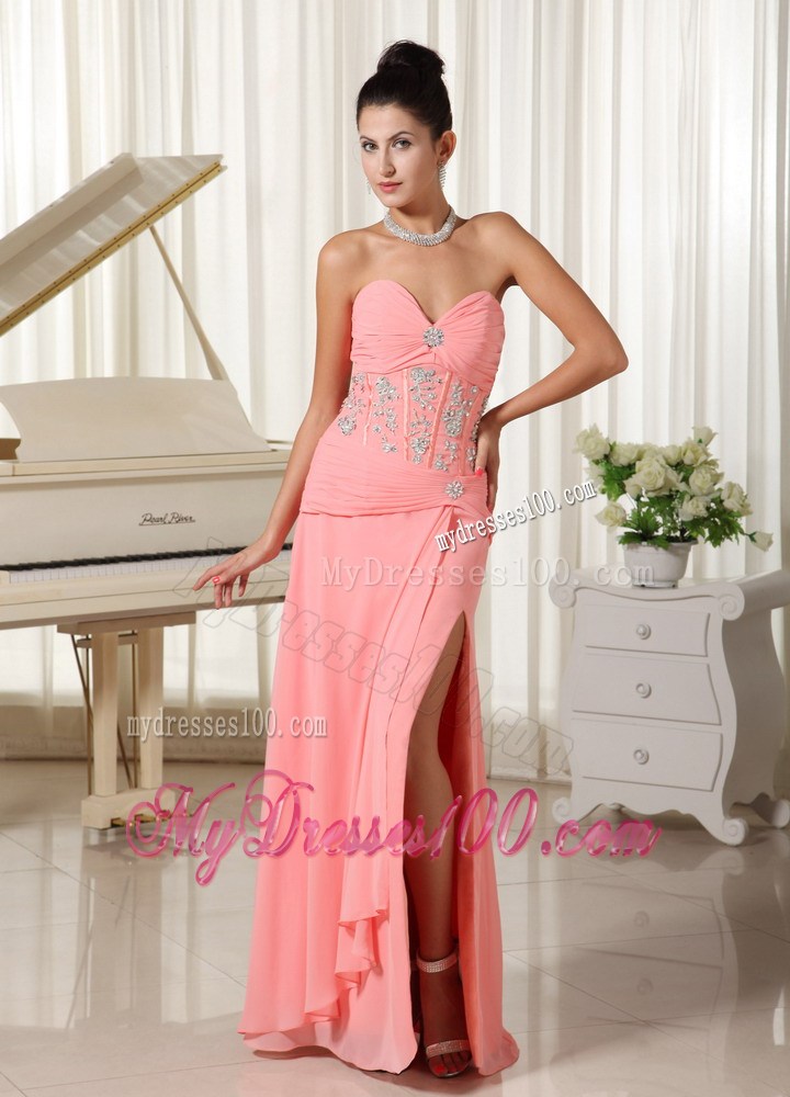 Beaded and Ruched Bodice Sweetheart Watermelon Pink Prom Gown of Floor-length