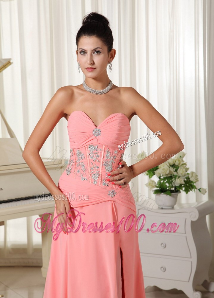 Beaded and Ruched Bodice Sweetheart Watermelon Pink Prom Gown of Floor-length