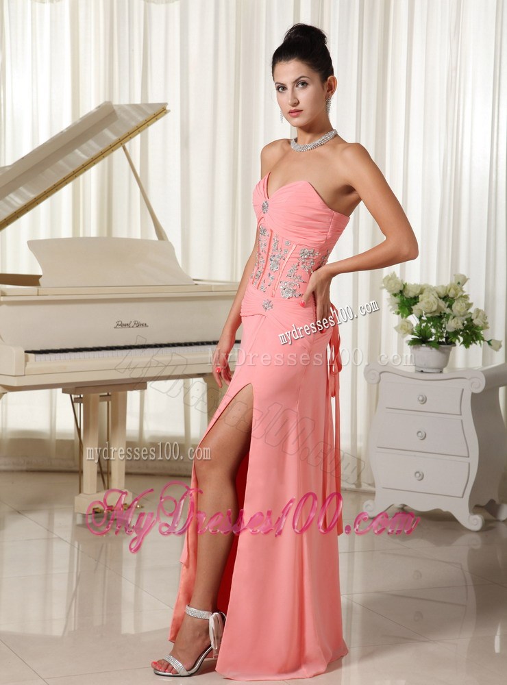 Beaded and Ruched Bodice Sweetheart Watermelon Pink Prom Gown of Floor-length