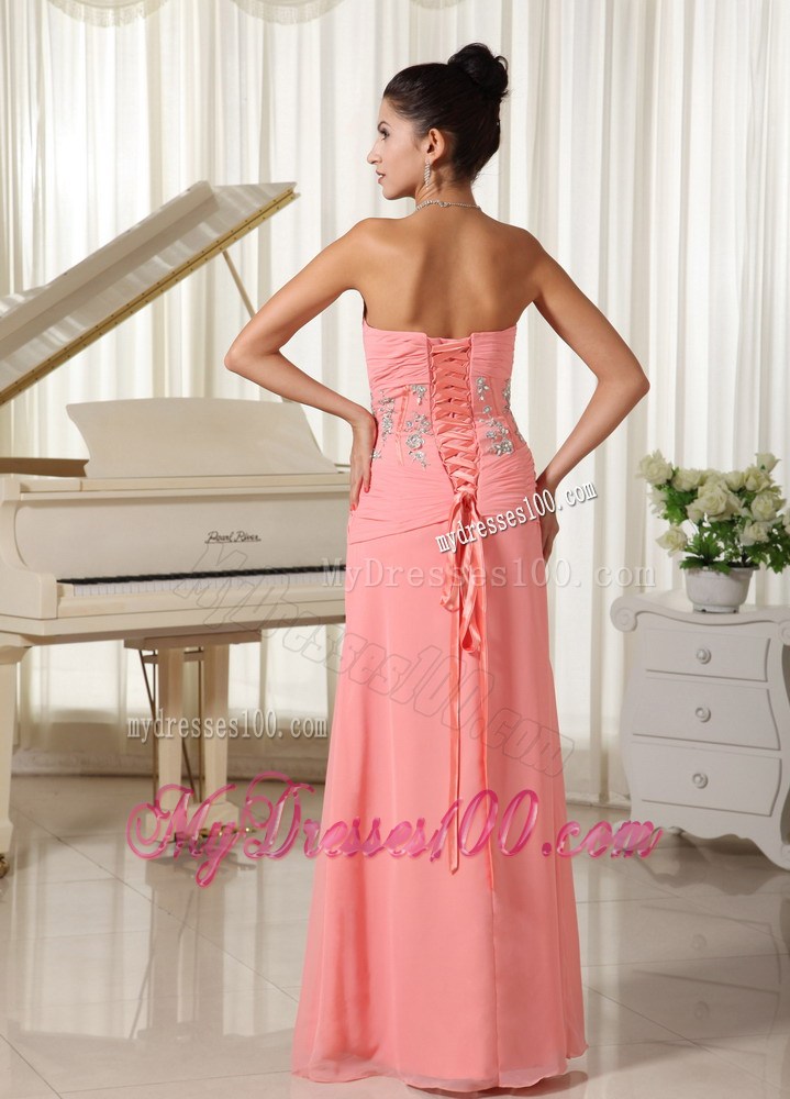 Beaded and Ruched Bodice Sweetheart Watermelon Pink Prom Gown of Floor-length