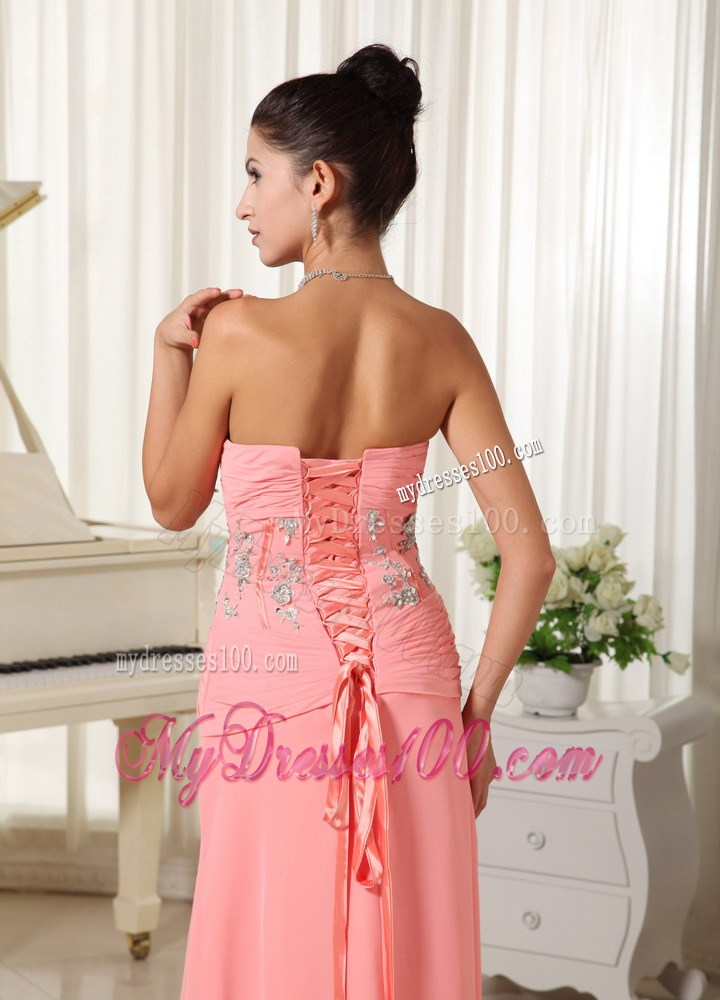 Beaded and Ruched Bodice Sweetheart Watermelon Pink Prom Gown of Floor-length