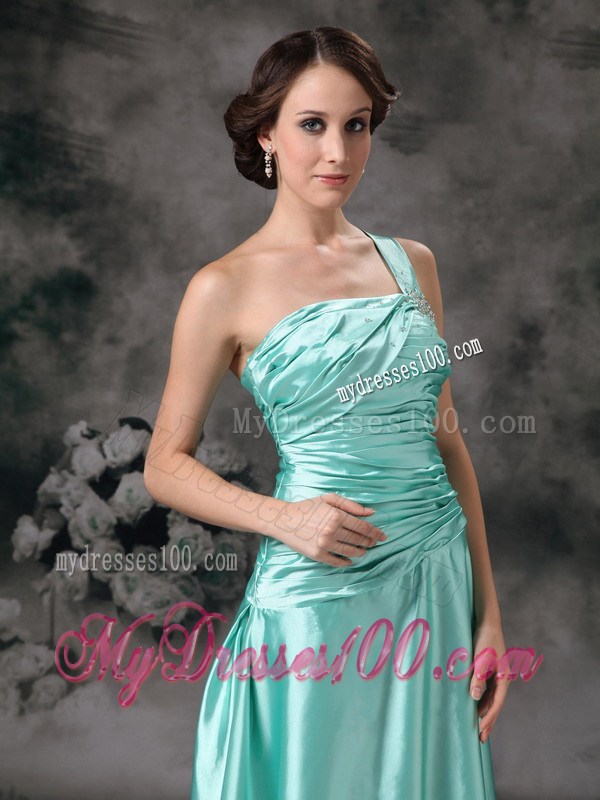 Apple Green Taffeta Floor-length Prom Gowns with Ruches and one Shoulder