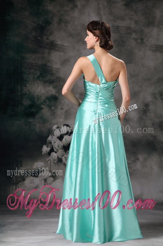 Apple Green Taffeta Floor-length Prom Gowns with Ruches and one Shoulder