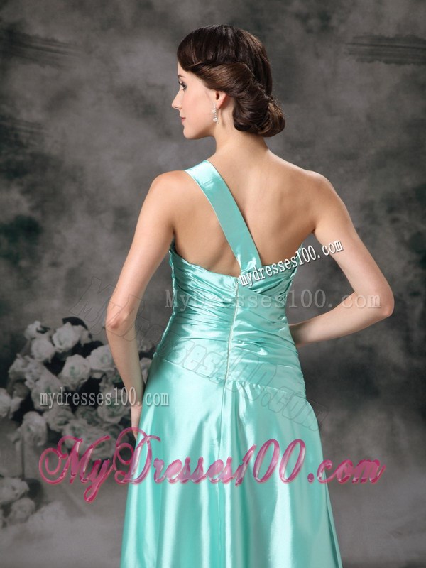 Apple Green Taffeta Floor-length Prom Gowns with Ruches and one Shoulder