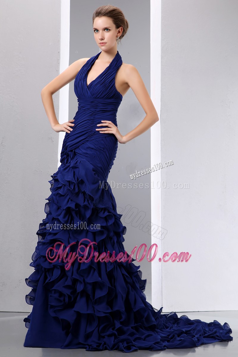 Halter Royal Blue Mermaid Brush Train Navy Blue Prom Gown with Ruffled Layers
