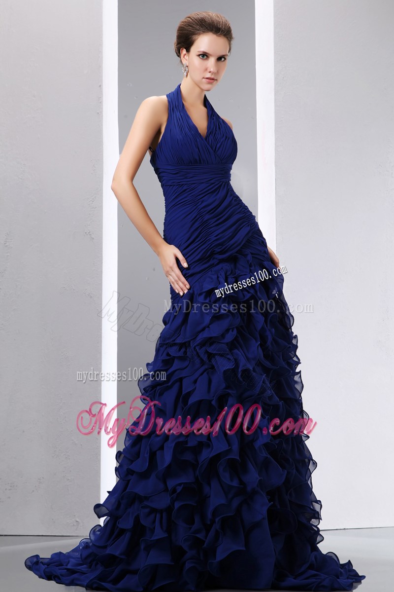 Halter Royal Blue Mermaid Brush Train Navy Blue Prom Gown with Ruffled Layers