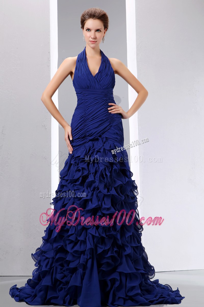 Halter Royal Blue Mermaid Brush Train Navy Blue Prom Gown with Ruffled Layers
