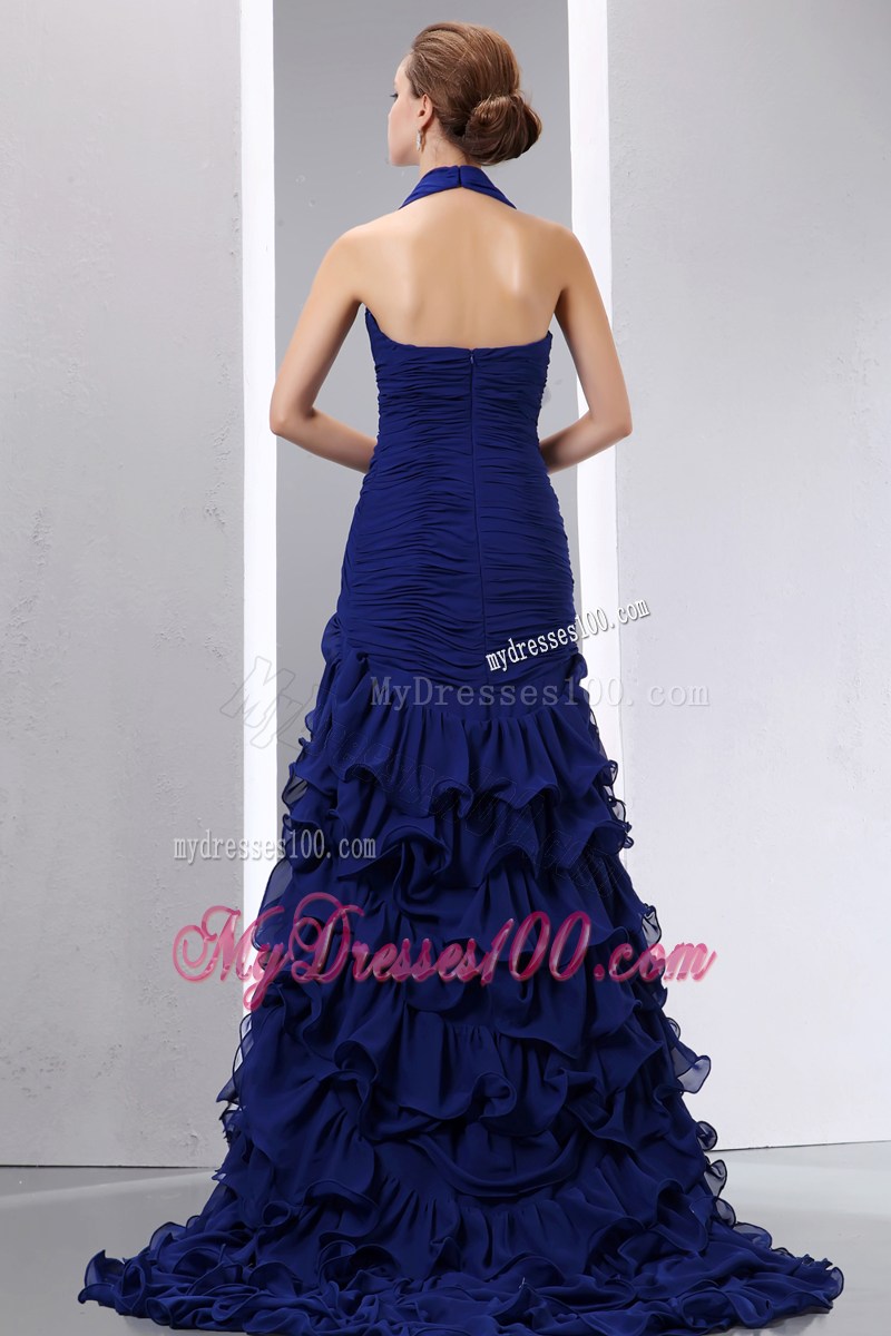 Halter Royal Blue Mermaid Brush Train Navy Blue Prom Gown with Ruffled Layers