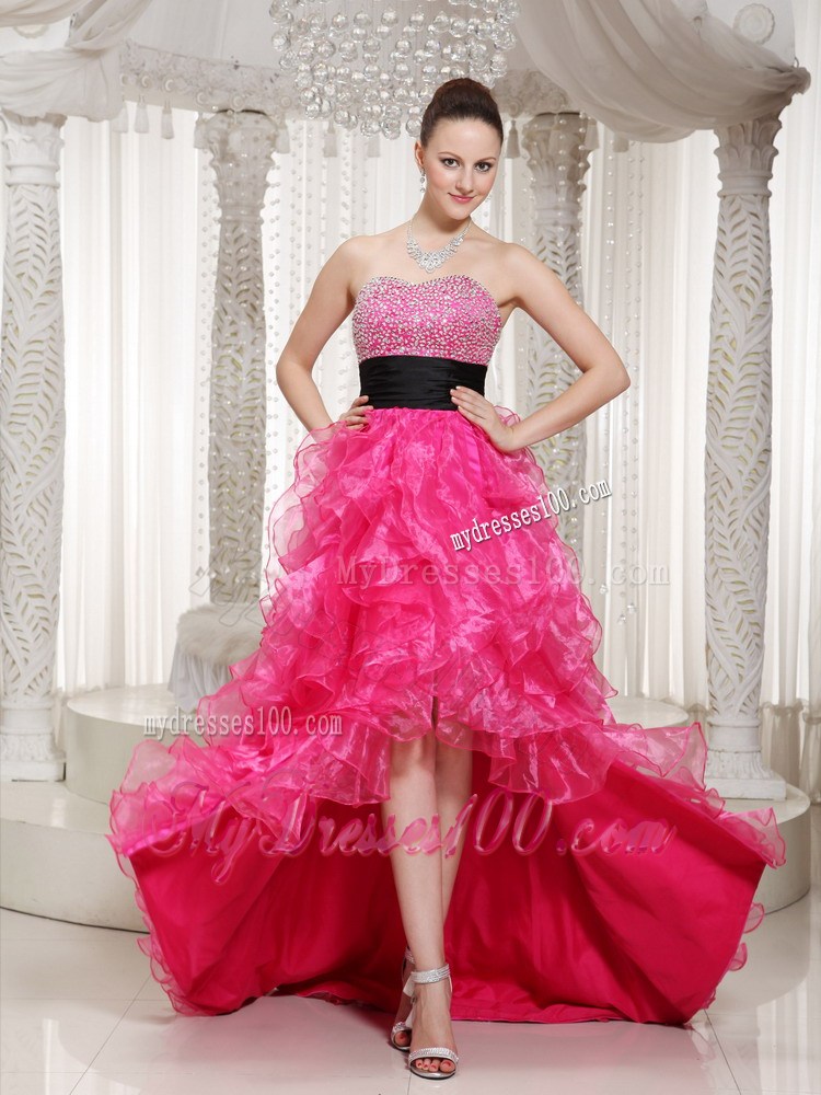 Beading and Ruffles Accent on High-low Hot Pink Prom Gown with Black Belt