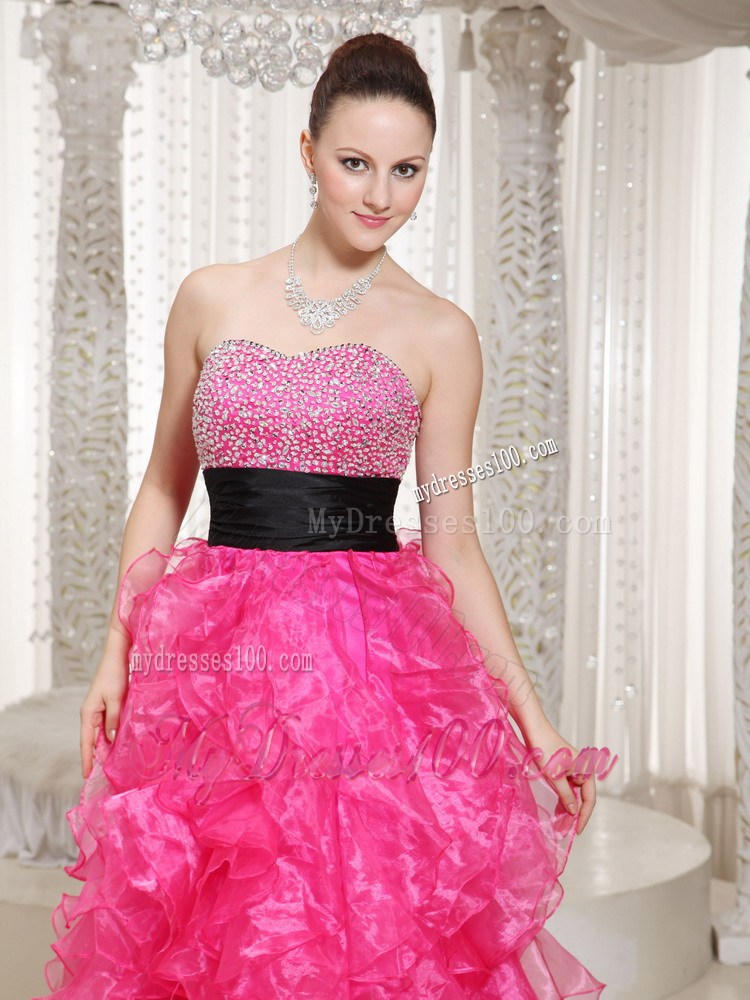 Beading and Ruffles Accent on High-low Hot Pink Prom Gown with Black Belt