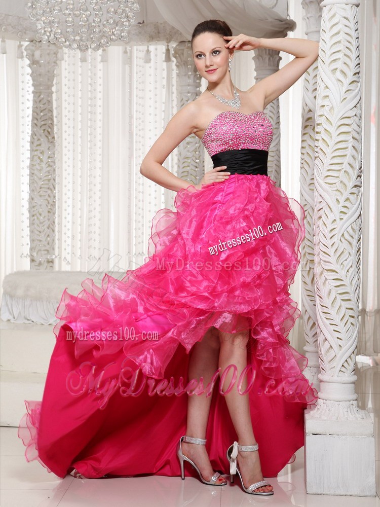 Beading and Ruffles Accent on High-low Hot Pink Prom Gown with Black Belt