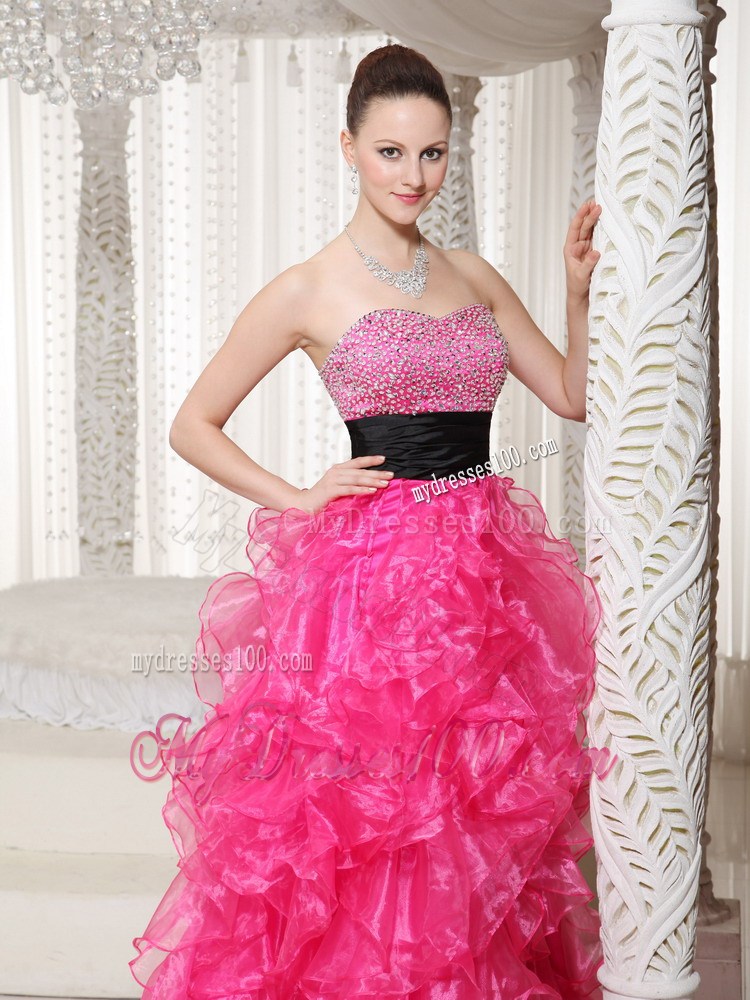 Beading and Ruffles Accent on High-low Hot Pink Prom Gown with Black Belt
