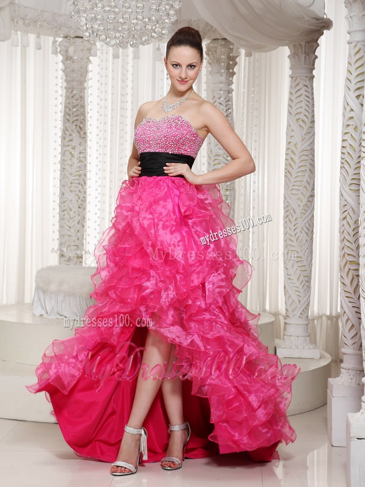 Beading and Ruffles Accent on High-low Hot Pink Prom Gown with Black Belt