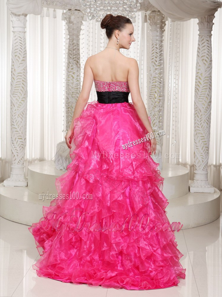 Beading and Ruffles Accent on High-low Hot Pink Prom Gown with Black Belt