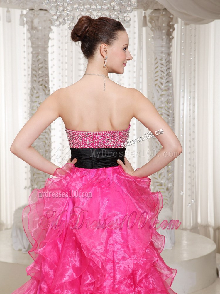 Beading and Ruffles Accent on High-low Hot Pink Prom Gown with Black Belt