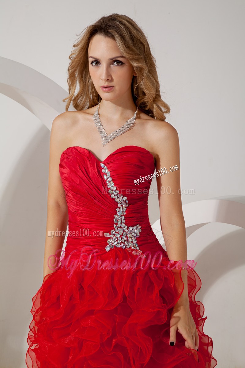 Beaded and Ruched Red High-low Prom Dress with Ruffled Layers 2013