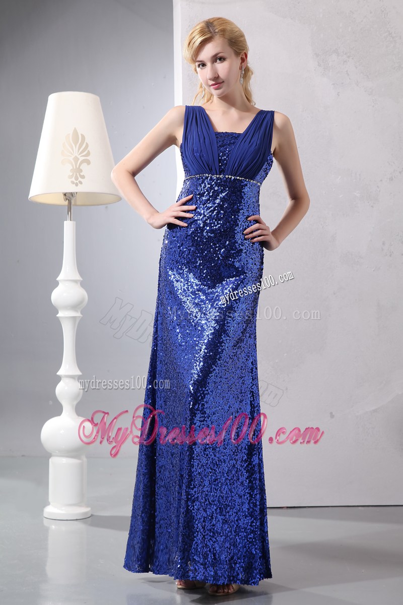 Straps Ankle-length Royal Blue Dresses for Prom with Sequins and Zipper-up