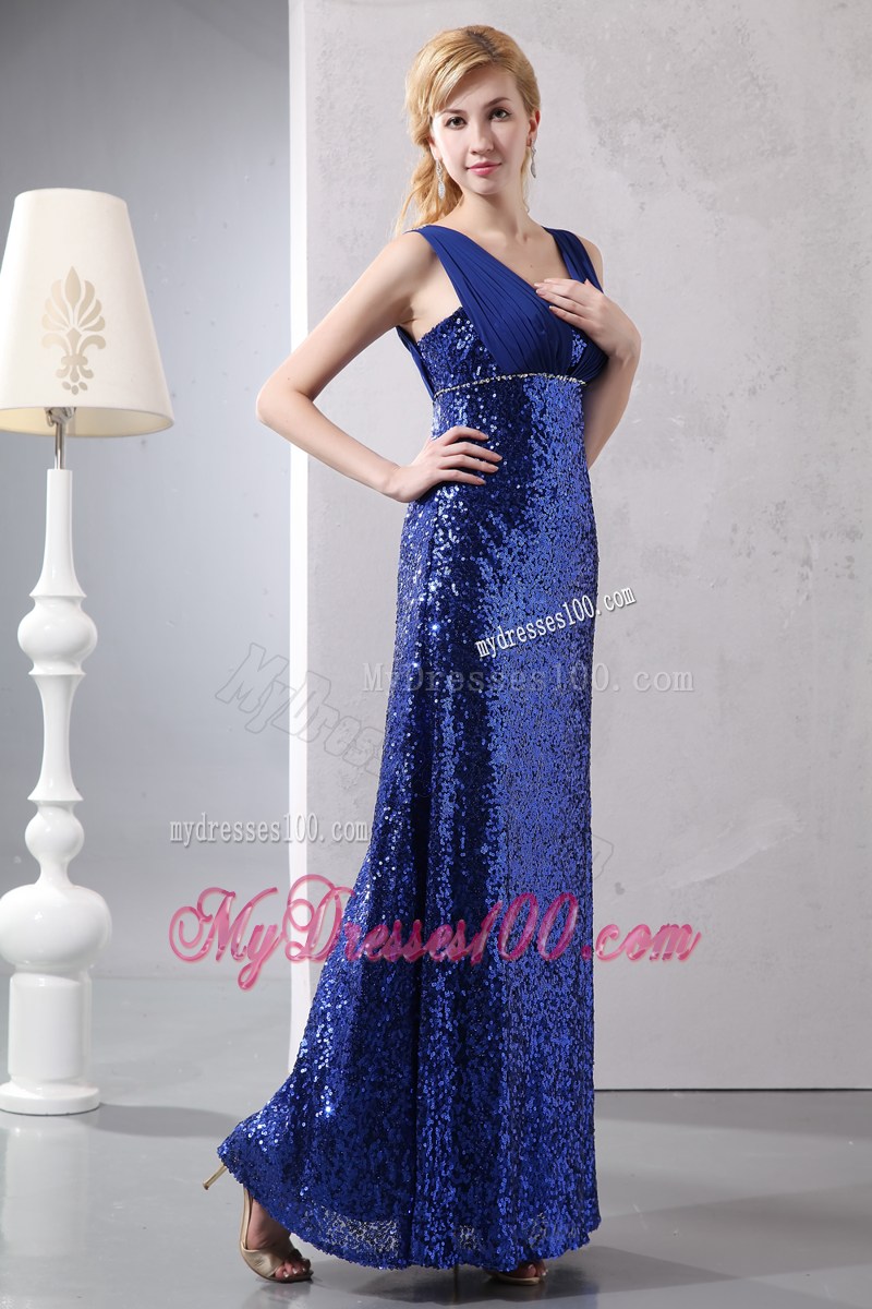 Straps Ankle-length Royal Blue Dresses for Prom with Sequins and Zipper-up