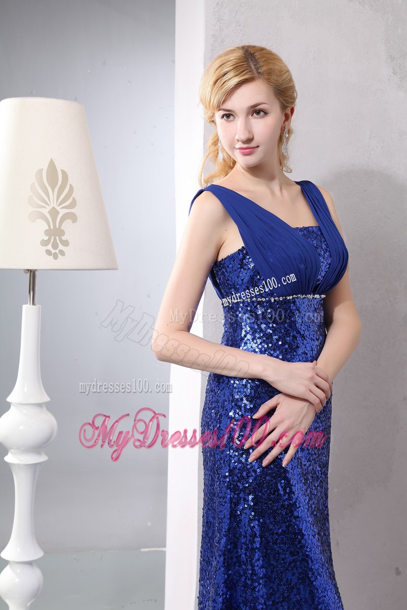 Straps Ankle-length Royal Blue Dresses for Prom with Sequins and Zipper-up