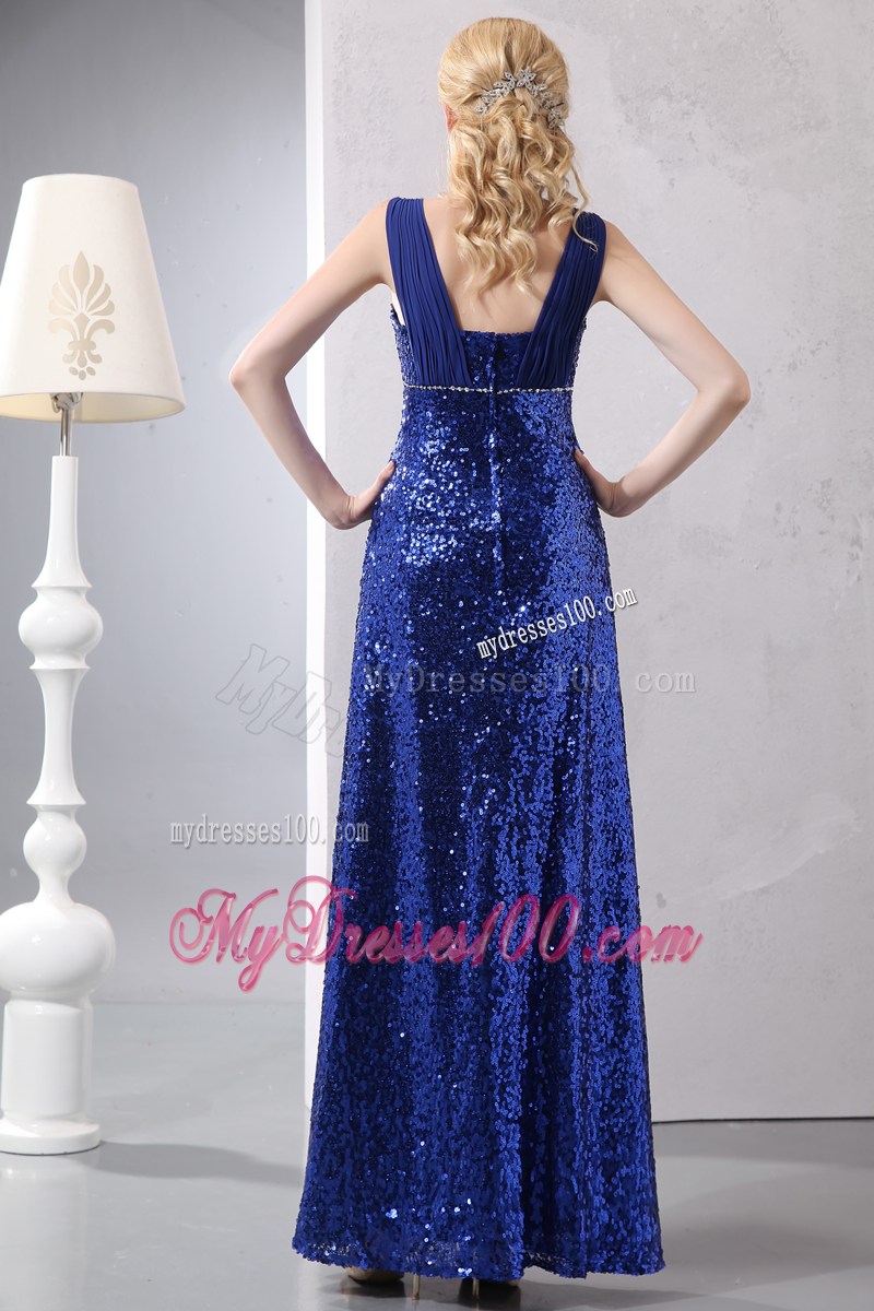Straps Ankle-length Royal Blue Dresses for Prom with Sequins and Zipper-up