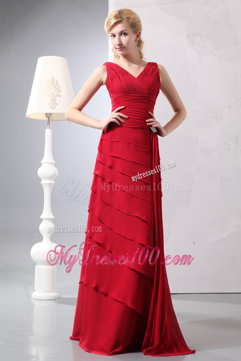 Popular Red Column V-neck Floor-length Prom Dress with Ruches and Layers