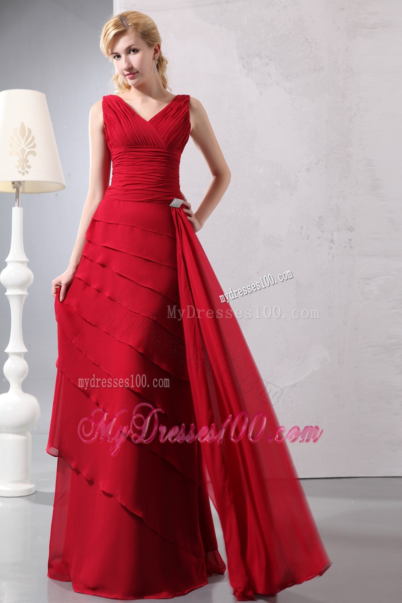 Popular Red Column V-neck Floor-length Prom Dress with Ruches and Layers