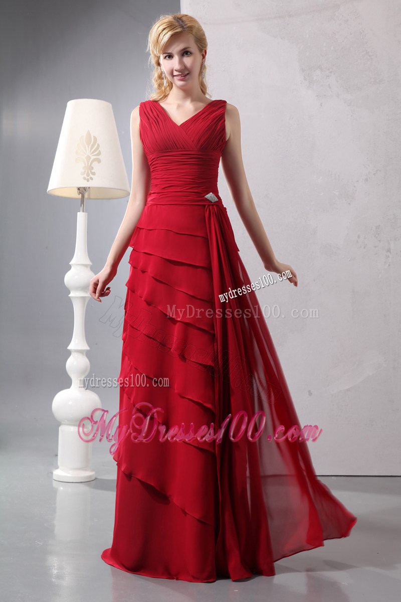 Popular Red Column V-neck Floor-length Prom Dress with Ruches and Layers