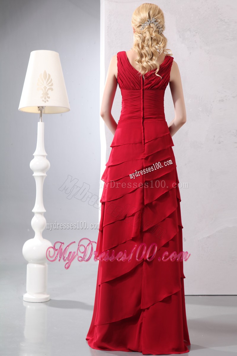 Popular Red Column V-neck Floor-length Prom Dress with Ruches and Layers