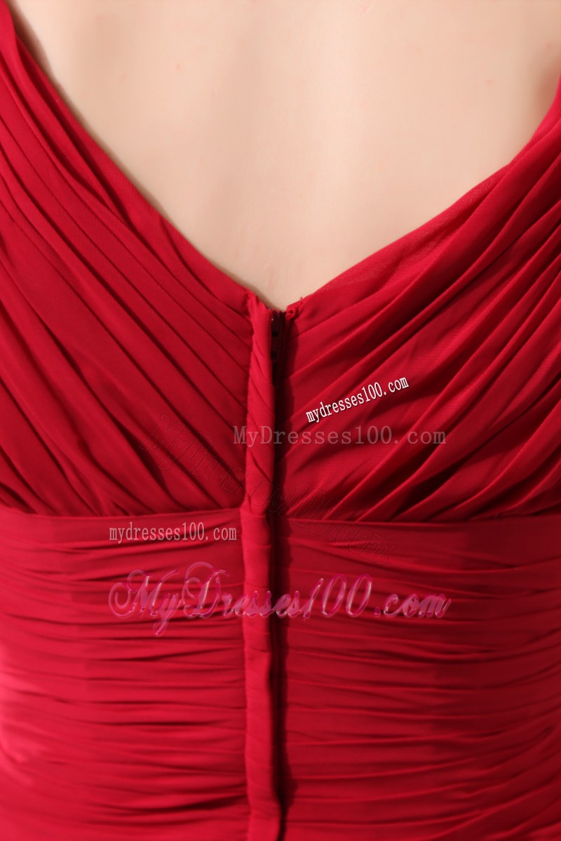 Popular Red Column V-neck Floor-length Prom Dress with Ruches and Layers