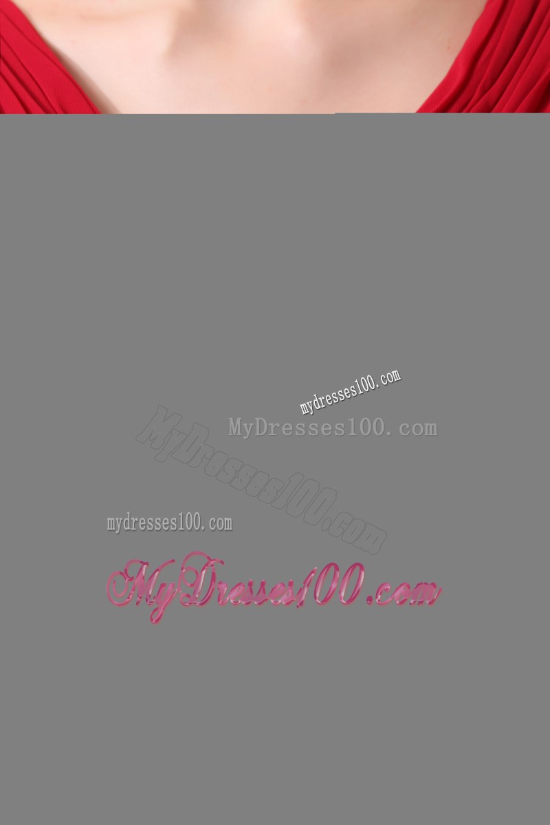 Popular Red Column V-neck Floor-length Prom Dress with Ruches and Layers