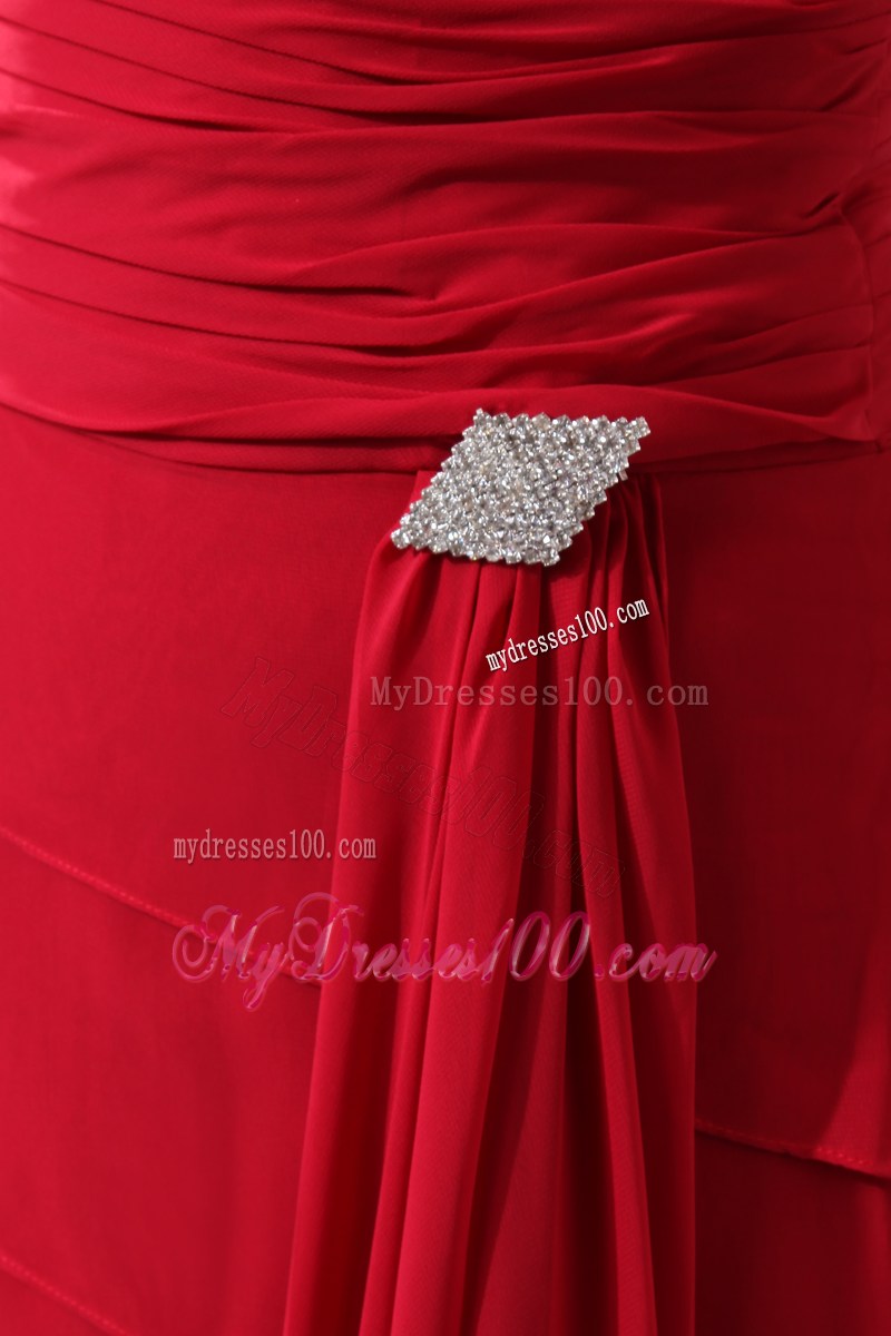 Popular Red Column V-neck Floor-length Prom Dress with Ruches and Layers