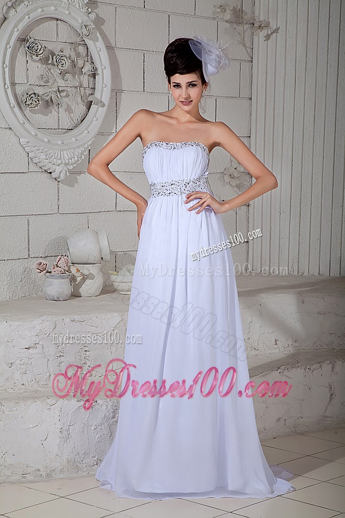 White Chiffon Empire Gowns for Prom with Beading and Ruches Brush