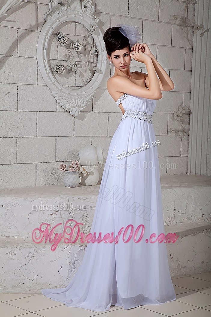 White Chiffon Empire Gowns for Prom with Beading and Ruches Brush