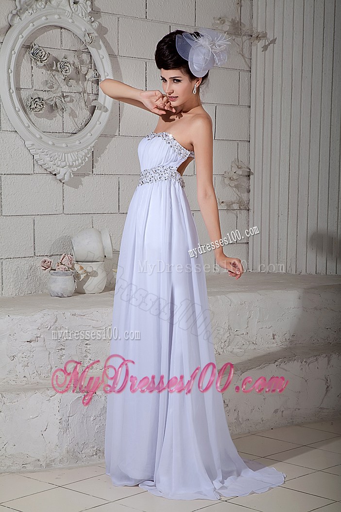 White Chiffon Empire Gowns for Prom with Beading and Ruches Brush