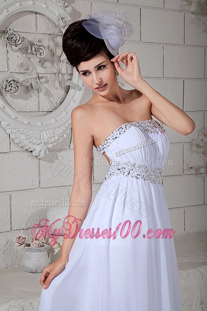 White Chiffon Empire Gowns for Prom with Beading and Ruches Brush
