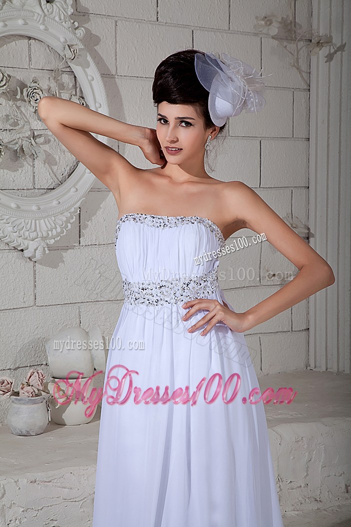 White Chiffon Empire Gowns for Prom with Beading and Ruches Brush