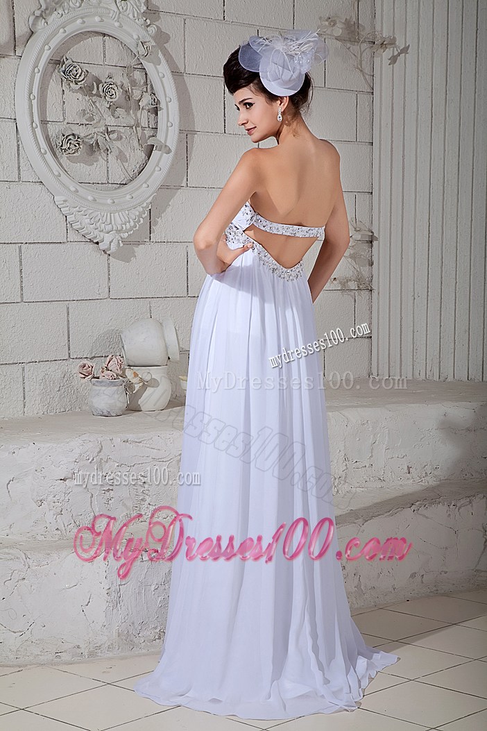 White Chiffon Empire Gowns for Prom with Beading and Ruches Brush