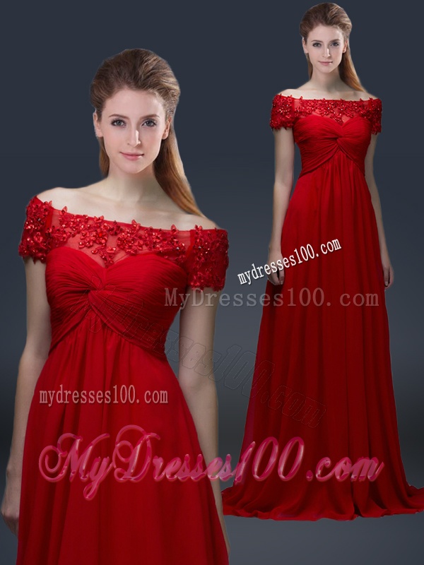 Simple Off the Shoulder Short Sleeves Red Evening Dresses with Appliques