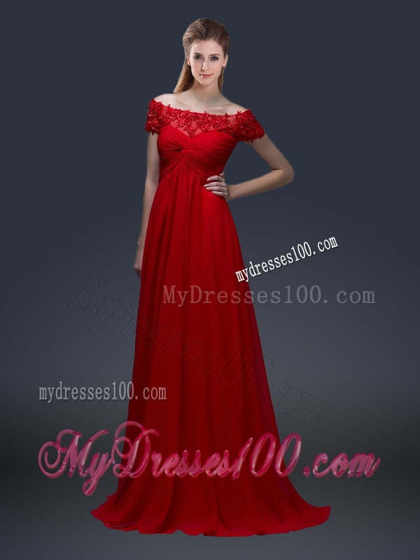 Simple Off the Shoulder Short Sleeves Red Evening Dresses with Appliques