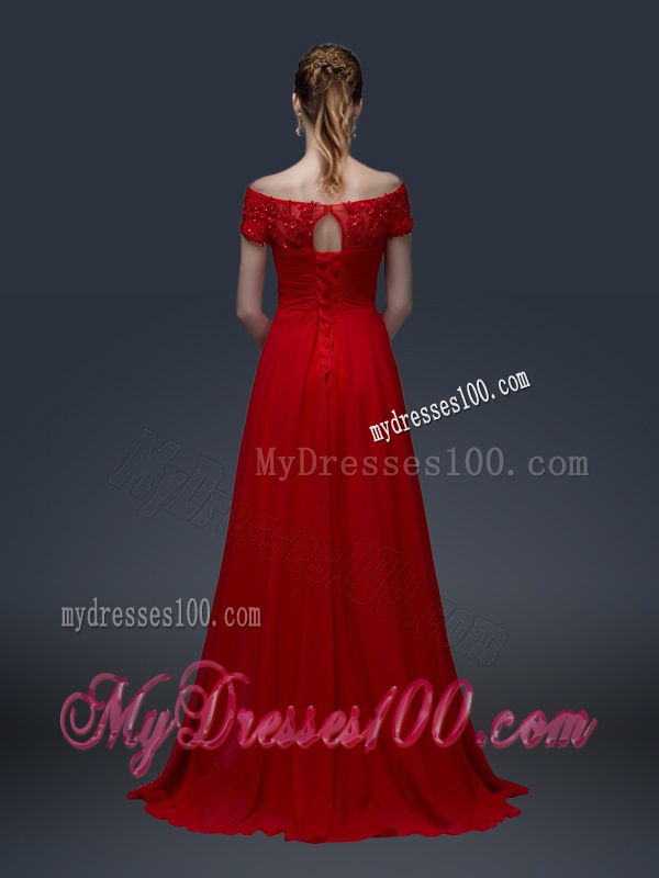Simple Off the Shoulder Short Sleeves Red Evening Dresses with Appliques