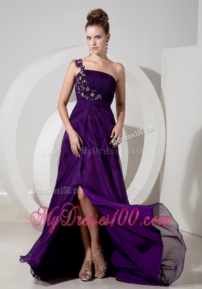 Exquisite Evening Dress Eggplant Purple Empire One Shoulder Chiffon Appliques Brush Train