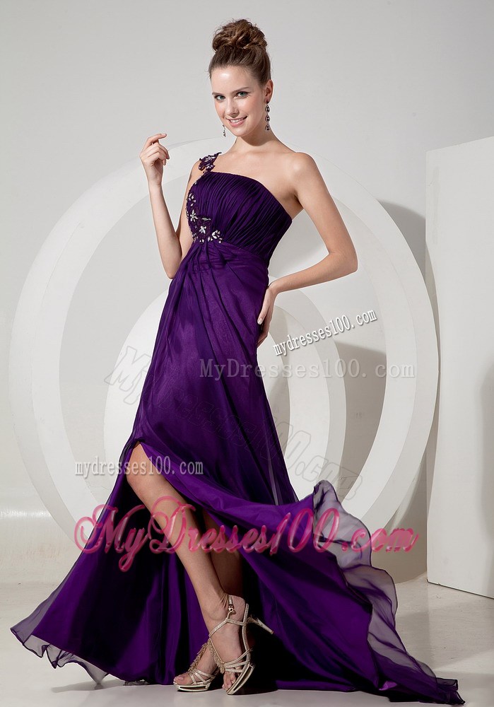 Appliques Accent one Shoulder High Slit Brush Train Prom Gowns in Eggplant Purple