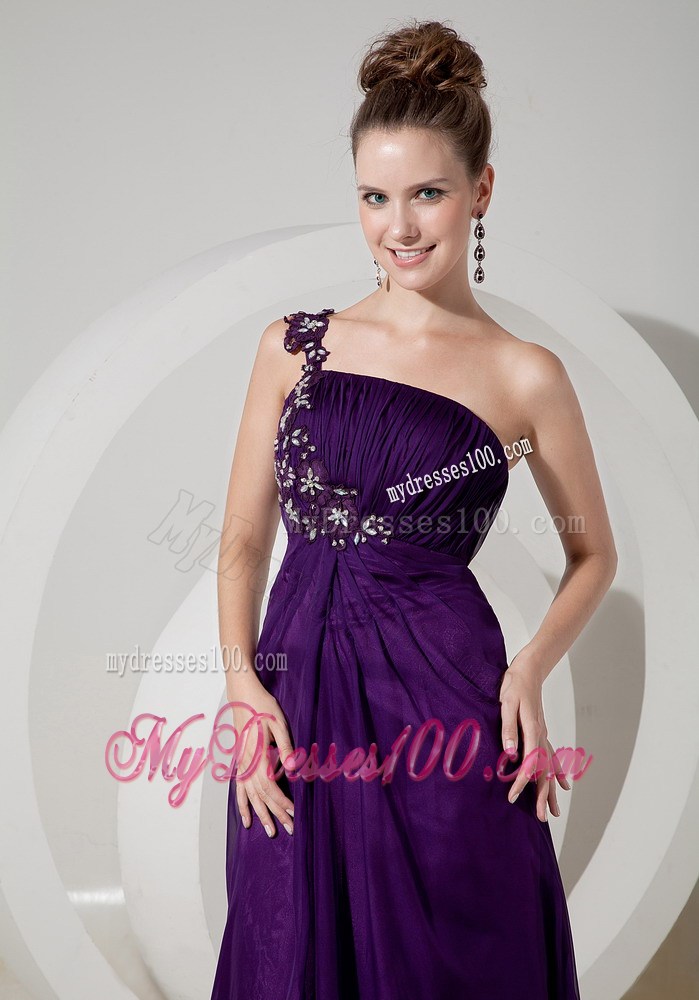 Appliques Accent one Shoulder High Slit Brush Train Prom Gowns in Eggplant Purple