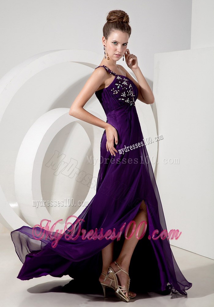 Exquisite Evening Dress Eggplant Purple Empire One Shoulder Chiffon Appliques Brush Train