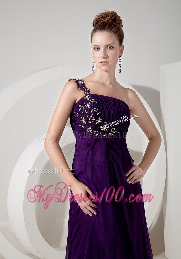 Exquisite Evening Dress Eggplant Purple Empire One Shoulder Chiffon Appliques Brush Train
