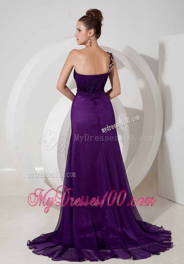 Exquisite Evening Dress Eggplant Purple Empire One Shoulder Chiffon Appliques Brush Train